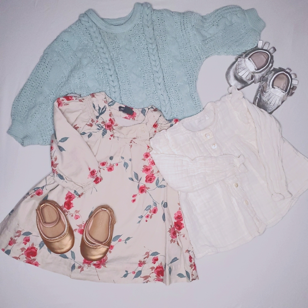 Baby dress, shirt and sweater and 2 pairs of shoes